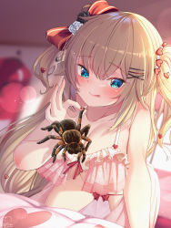 Rule 34 | 1girl, :p, akai haato, animal, bare arms, blonde hair, blue eyes, blurry, blurry background, blush, bow, bra, breasts, bug, closed mouth, depth of field, frilled bra, frills, hair between eyes, hair bow, hair ornament, hairclip, heart, heart-shaped pupils, heart hair ornament, highres, holding, holding animal, hololive, large breasts, light particles, long hair, looking at viewer, magowasabi, nail polish, pink bra, red bow, red nails, signature, smile, solo, spider, symbol-shaped pupils, tongue, tongue out, twitter username, two side up, underwear, very long hair, virtual youtuber, x hair ornament