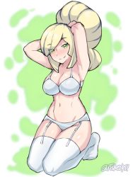 Rule 34 | 1girl, abs, adjusting hair, alternate breast size, alternate costume, alternate hairstyle, artsheops, blonde hair, blush, bra, breasts, cleavage, closed mouth, commentary, creatures (company), full body, game freak, garter straps, green eyes, kneeling, lingerie, looking at viewer, lusamine (pokemon), multicolored hair, navel, nintendo, panties, pokemon, pokemon sm, signature, smile, solo, split mouth, streaked hair, thighhighs, toned, underwear, watermark, white bra, white panties, white thighhighs