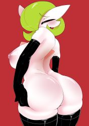 Rule 34 | 1girl, absurdres, ashraely, ass, ass grab, bare back, bare shoulders, black gloves, black thighhighs, blush, body blush, breasts, colored skin, creatures (company), deep skin, elbow gloves, female focus, game freak, gardevoir, gen 3 pokemon, gloves, grabbing, green hair, hair over one eye, hand on own ass, highres, huge ass, huge breasts, nintendo, nipples, pink eyes, pokemon, pokemon (creature), red background, shiny clothes, shiny skin, short hair, sideboob, solo, thick thighs, thighhighs, thighs, white skin