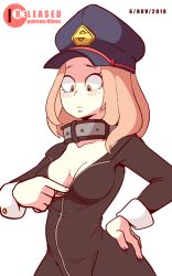 Rule 34 | 10s, 1girl, animated, animated gif, artist name, black bodysuit, black hat, blinking, blonde hair, blush, bodysuit, boku no hero academia, bouncing breasts, breasts, bursting breasts, collar, collarbone, diives, embarrassed, female focus, hand on own hip, hand up, hands up, hat, highres, long sleeves, looking down, matching hair/eyes, medium breasts, nipples, no bra, open mouth, signature, simple background, solo, standing, surprised, teeth, utsushimi kemii, wardrobe malfunction, white background, wide hips, zipper, zipper pull tab