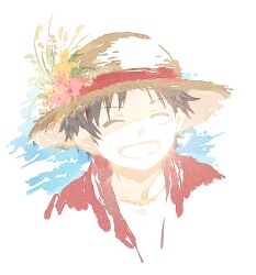 Rule 34 | 1boy, ^ ^, black hair, chinese commentary, close-up, closed eyes, commentary request, fish191101756, flower, hat, highres, male focus, monkey d. luffy, one piece, red shirt, scar, scar on face, shirt, short hair, smile, solo, straw hat
