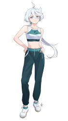 Rule 34 | 1girl, absurdres, ahoge, bare arms, bare shoulders, breasts, contrapposto, drawstring, full body, green pants, grey eyes, grey hair, gundam, gundam suisei no majo, hair between eyes, hand in pocket, hand on own hip, highres, light smile, long hair, looking at viewer, low ponytail, medium breasts, mian li, midriff, miorine rembran, pants, shoes, signature, simple background, sneakers, sports bra, standing, sweatpants, two-tone sports bra, white background, white footwear
