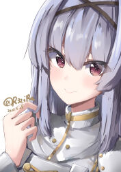 Rule 34 | 1girl, absurdres, blush, closed mouth, commentary, dated, eyebrows hidden by hair, grey hair, hair between eyes, hair ornament, hand up, high collar, highres, idoly pride, jacket, long bangs, long hair, long sleeves, looking at viewer, portrait, raised eyebrows, red eyes, rj edward (artist), sidelocks, signature, simple background, smile, solo, straight hair, tendou rui, white background, white jacket, x hair ornament