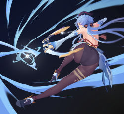 Rule 34 | 1girl, ahoge, ankle strap, artist request, ass, attack, bare shoulders, blue hair, bodysuit, bow (weapon), breasts, brown pantyhose, detached sleeves, from behind, ganyu (genshin impact), genshin impact, gloves, goat horns, high heels, highres, horns, leotard, long hair, pantyhose, purple eyes, shiny clothes, shiny skin, shoe soles, shoes, sideboob, solo, some1else45, very long hair, waist cape, weapon