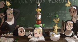 Rule 34 | 5girls, :&lt;, ^ ^, animal, animal on head, animal tower, apple, balancing, bird, bird on head, bite mark, blonde hair, book, broccoli, brown eyes, brown hair, chair, chalk, chalkboard, character doll, chicken, chocolate chip cookie, clinging, closed eyes, clumsy nun (diva), coffee mug, commentary, cookie, covering privates, cup, desk, diva (hyxpk), doll, doodle, drawing, drooling, duck, duckling, eating, english commentary, food, food on face, frog, froggy nun (diva), frown, fruit, glasses nun (diva), habit, hand on own hip, highres, holding, holding book, hungry nun (diva), left-handed, little nuns (diva), mole (animal), mug, multiple girls, nose bubble, notebook, nun, object on head, on head, ostrich, out of frame, prank, red eyes, red hair, sleeping, smile, spicy nun (diva), stack, star (symbol), studying, sweat, thumbs up, tongue, tongue out, traditional nun, u u, wiping sweat, writing, yellow eyes