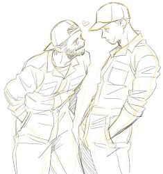 Rule 34 | 2boys, backwards hat, bara, baseball cap, beard, character request, collared shirt, dickfish (fishismdick), eye contact, facial hair, feet out of frame, flirting, hands in pockets, hat, heart, highres, leaning forward, looking at another, male focus, mature male, multiple boys, original, scan, shirt, short hair, sideburns, sketch, smirk, spot color, standing, traditional media, yaoi