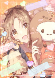Rule 34 | 1girl, animal ears, bear ears, black ribbon, brown hair, dot nose, dress, fake animal ears, frilled dress, frills, grid background, hair ornament, hair ribbon, heart, highres, holding, holding stuffed toy, ichikawa hinana, idolmaster, idolmaster shiny colors, long hair, looking at viewer, open mouth, orange background, parted bangs, plaid, plaid ribbon, ribbon, shiohari kanna, short sleeves, smile, solo, sparkle, speech bubble, striped clothes, striped dress, stuffed animal, stuffed toy, teddy bear, yellow dress, yellow ribbon