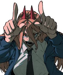 Rule 34 | 1girl, black necktie, blue hoodie, brown hair, chainsaw man, collared shirt, cross-shaped pupils, hair between eyes, harukamiart, highres, hood, hoodie, horns pose, long hair, looking at viewer, necktie, open mouth, power (chainsaw man), sharp teeth, shirt, simple background, solo, symbol-shaped pupils, teeth, white background, white shirt, yellow eyes