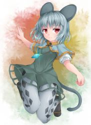 Rule 34 | 1girl, animal ears, argyle, argyle clothes, argyle legwear, black footwear, capelet, dress, full body, grey dress, grey hair, grey pantyhose, jewelry, looking at viewer, mouse ears, mouse tail, nazrin, pantyhose, pendant, puffy short sleeves, puffy sleeves, red eyes, shoes, short hair, short sleeves, silver legwear, smile, solo, tail, touhou, uumaru1869