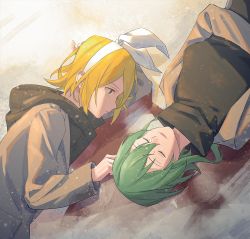 Rule 34 | 2girls, beige coat, black shirt, blonde hair, blood, blue eyes, bow, closed eyes, coat, commentary, green hair, gumi, hair bow, head rest, hood, hooded coat, kagamine rin, looking at another, lying, multiple girls, on back, on side, open mouth, shirt, short hair, sidelocks, smile, snow, turtleneck, upper body, vocaloid, wounds404
