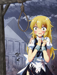 Rule 34 | 1girl, absurdres, apron, blonde hair, blood, blood on face, bound, braid, brown eyes, bruise, chain, clenched hands, crying, cuffs, gallows, handcuffs, highres, house, injury, kirisame marisa, long hair, open mouth, outdoors, puffy short sleeves, puffy sleeves, restrained, rope, ryona, scared, shackles, shirt, short sleeves, single braid, skirt, solo, standing, tears, torn clothes, touhou, trembling, tsuukinkaisoku oomiya, waist apron