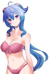 Rule 34 | 1girl, ahoge, bandeau, bare arms, bare shoulders, bikini, blue hair, blush, breasts, cleavage, collarbone, commentary, front-tie bikini top, front-tie top, ganyu (genshin impact), genshin impact, hair between eyes, head tilt, horns, large breasts, long hair, looking at viewer, navel, pink bikini, purple eyes, simple background, smile, solo, stomach, strapless, strapless bikini, swimsuit, upper body, very long hair, white background, yui lumina (artist)