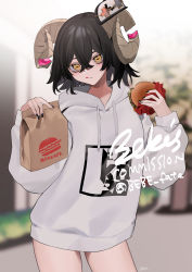 Rule 34 | 1girl, absurdres, bag, bebe (bebe pp), black nails, blurry, blurry background, brown eyes, brown hair, burger, commission, copyright request, cowboy shot, crossed bangs, food, grey hoodie, highres, holding, holding bag, holding food, hood, hood down, hoodie, horizontal pupils, horns, looking at viewer, medium hair, nail polish, original, paper bag, skeb commission, solo, tongue, tongue out