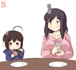 Rule 34 | 2girls, :3, aged down, ahoge, alternate costume, artist logo, black hair, blue eyes, blue hoodie, braid, breasts, brown hair, child, collarbone, commentary request, cup, dated, food, hair ornament, hair over shoulder, highres, holding, holding cup, hood, hood down, hoodie, kanon (kurogane knights), kantai collection, large breasts, multiple girls, one-hour drawing challenge, pink shirt, plate, red eyes, sakura mochi, shigure (kancolle), shirt, short hair, simple background, single braid, smile, sweatdrop, table, wagashi, white background, yamashiro (kancolle), yunomi