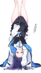 Rule 34 | 1girl, absurdres, black skirt, blue archive, blue necktie, blush, breasts, covering crotch, covering privates, forehead, gloves, handstand, highres, jacket, long hair, looking at viewer, lycoris challenge (meme), medium breasts, meme, necktie, one arm handstand, open mouth, parody, pleated skirt, purple eyes, purple hair, scene reference, shirt, simple background, skirt, skirt hold, skirt tug, solo, thick thighs, thighs, translation request, upside-down, white background, white shirt, yoru0409, yuuka (blue archive)