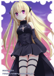 Rule 34 | 00s, 1girl, bare shoulders, blonde hair, breasts, chany, cleavage cutout, clothing cutout, detached sleeves, dress, female focus, konjiki no yami, long hair, moon, outdoors, panties, pantyshot, pink eyes, sky, solo, strap, thigh gap, thigh strap, thighs, to love-ru, turtleneck, twintails, two side up, underwear, very long hair, white panties