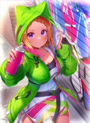 Rule 34 | 1girl, aki rosenthal, aki rosenthal (gaming casual), blonde hair, blue eyes, blush, braid, braided bangs, breasts, cleavage, closed mouth, commentary request, dress, forehead, graffiti, green jacket, green nails, highres, holding, hololive, jacket, long hair, long sleeves, looking at viewer, low twintails, medium breasts, mikomiko (mikomikosu), multicolored nails, nail polish, open clothes, open jacket, parted bangs, pink nails, puffy long sleeves, puffy sleeves, smile, solo, spray can, twintails, virtual youtuber, white dress