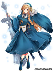Rule 34 | 1girl, blonde hair, blue footwear, blue skirt, boots, braid, company name, cross, cross necklace, fantasy, full body, hair ornament, hairclip, holding, holding sword, holding weapon, jewelry, long hair, necklace, nun, official art, sanzenkai no avatar, sirokurodai, skirt, solo, sword, very long hair, weapon, white background