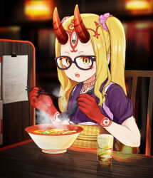 Rule 34 | 1girl, blonde hair, body markings, bowl, chopsticks, colored skin, cup, facial mark, fate/grand order, fate (series), food, glasses, highres, holding, holding chopsticks, holding spoon, horns, ibaraki douji (fate), japanese clothes, kimono, long hair, looking at viewer, multicolored skin, nail polish, nona (rocketrock5070), noodles, obi, open mouth, red skin, sash, solo, spoon, steam, table, tasuki, third eye, twintails, yellow eyes