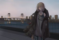 Rule 34 | 1girl, absurdres, blonde hair, bridge, can, cityscape, commentary request, denim, green eyes, highres, holding, jacket, jacket on shoulders, jeans, looking at viewer, medium hair, original, outdoors, oversized clothes, pants, shirt slip, solo, tabao, torn clothes, torn jeans, torn pants