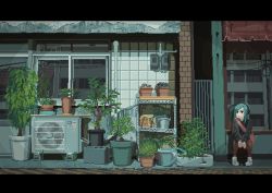 Rule 34 | 1girl, animated, animated gif, bag, blinking, blue hair, brick wall, cinemagraph, hand fan, headphones, highres, letterboxed, looping animation, motocross saito, original, outdoors, pixel art, plant, potted plant, shoulder bag, sitting, solo