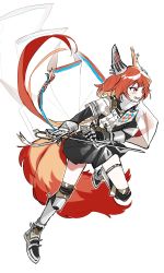 Rule 34 | 1girl, animal ears, arknights, armored boots, black skirt, boots, ear covers, ear tag, earpiece, flametail (arknights), gauntlets, highres, holding, holding sword, holding weapon, long hair, ok o o, pleated skirt, red eyes, red hair, shirt, simple background, skirt, solo, squirrel ears, squirrel girl, squirrel tail, sword, tail, weapon, white background, white shirt