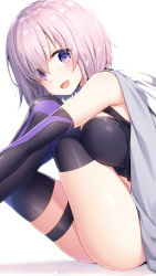 Rule 34 | 1girl, bare shoulders, between breasts, blush, bodysuit, breasts, elbow gloves, fate/grand order, fate (series), from side, gloves, highres, looking at viewer, mash kyrielight, masuishi kinoto, medium breasts, pink hair, purple eyes, shima (shima je), short hair, simple background, sitting, skindentation, solo, thigh strap, thighhighs, white background