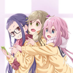 Rule 34 | 3girls, :d, black-framed eyewear, brown eyes, brown hair, cardigan, cellphone, commentary request, fang, from side, girl sandwich, glasses, green eyes, grin, hair between eyes, highres, inuyama aoi, kagamihara nadeshiko, long sleeves, multiple girls, oogaki chiaki, open mouth, phone, pink hair, pink scarf, pointing, porikeracchou, purple hair, red scarf, sandwiched, scarf, school uniform, skin fang, smartphone, smile, striped clothes, striped scarf, thick eyebrows, twintails, upper body, yurucamp