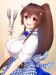Rule 34 | 1girl, alternate costume, apron, ayuko91, blue bow, blue bowtie, bow, bowtie, breasts, brown background, brown hair, cherry blossoms, commentary request, cowboy shot, flower, gingham, gingham apron, gradient background, hair flower, hair ornament, highres, kantai collection, kobeya uniform, large breasts, long hair, looking at viewer, plaid, plaid apron, ponytail, red eyes, shirt, short sleeves, smile, solo, tongs, waitress, white shirt, yamato (kancolle)
