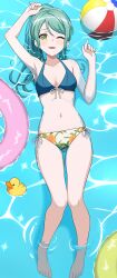 1girl absurdres aqua_hair ball bang_dream! beachball bikini blush breasts collarbone commentary english_commentary fries_vanquisher green_eyes halterneck highres hikawa_sayo innertube long_hair looking_at_viewer medium_breasts one_eye_closed open_mouth ponytail rubber_duck solo stomach swim_ring swimsuit