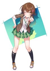 Rule 34 | 1girl, black legwear, blazer, brown hair, closed mouth, full body, hair ornament, hairclip, highres, jacket, looking at viewer, mascot, nokachoco114, one eye closed, pleated skirt, programming live broadcast, pronama-chan, second-party source, shoes, short hair, skirt, sneakers, solo