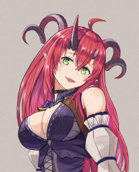 Rule 34 | 1girl, :3, ahoge, bare shoulders, black choker, breasts, choker, cleavage, curled horns, demon girl, demon horns, detached sleeves, fang, grey background, hair between eyes, head tilt, horns, large breasts, long hair, long sleeves, looking at viewer, magrona, magrona channel, moppo, open mouth, pointy ears, red hair, smile, solo, sweatdrop, upper body, very long hair, virtual youtuber, yellow eyes