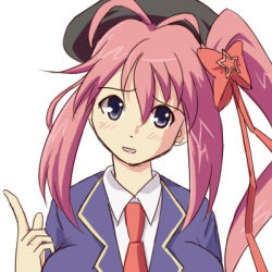 Rule 34 | 1girl, :d, antenna hair, beret, blazer, blue eyes, blush, bow, breasts, collared shirt, female focus, hair between eyes, hat, horrocks, horrocks (milihime taisen), index finger raised, jacket, large breasts, long hair, looking at viewer, lowres, milihime taisen, necktie, open mouth, pink hair, school uniform, shirt, side ponytail, sidelocks, simple background, smile, solo, star (symbol), upper body, white background