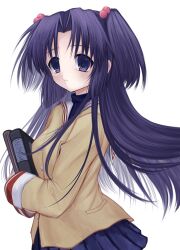 1girl 2000s_(style) book clannad closed_mouth curtained_hair expressionless highres hikarizaka_private_high_school_uniform holding holding_book ichinose_kotomi jacket long_hair looking_at_viewer nemu_(zutto_oyasu3) pleated_skirt pocket purple_eyes purple_hair sailor_collar school_uniform simple_background skirt sleeves_past_wrists solo turtleneck two_side_up white_background