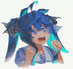 Rule 34 | 1girl, @ @, ahoge, animal ears, aqua hair, blue eyes, blue hair, blue shirt, blush, bow, clenched hands, cropped torso, crossed bangs, crying, crying with eyes open, ears down, hair bow, hands up, heterochromia, highres, horse ears, horse girl, long hair, looking ahead, lulu (lululike123), multicolored hair, no lineart, open mouth, purple eyes, raised eyebrows, sailor collar, school uniform, sharp teeth, shirt, short sleeves, sidelocks, simple background, solo, striped, striped bow, tears, teeth, tracen school uniform, twin turbo (umamusume), twintails, two-tone hair, umamusume, upper body, upper teeth only, white background, white sailor collar