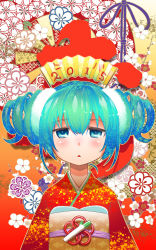 Rule 34 | 10s, 1girl, 2015, :&lt;, aqua eyes, aqua hair, drill hair, hand fan, folding fan, hatsune miku, highres, hitotose rin, japanese clothes, kimono, looking at viewer, open mouth, solo, twintails, vocaloid