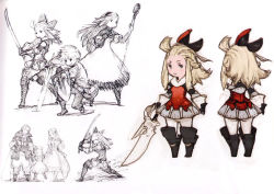 Rule 34 | agnes oblige, ahoge, armor, armored dress, blonde hair, boots, bow, bravely default: flying fairy, bravely default (series), concept art, edea lee, elbow pads, family, faulds, fighting stance, gloves, hair bow, knee boots, knee pads, long hair, multiple boys, multiple girls, official art, pantyhose, scan, smile, sword, tiz arrior, weapon, yoshida akihiko, aged down