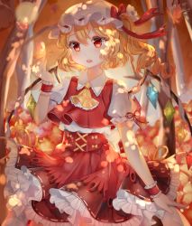 Rule 34 | 1girl, artist name, blonde hair, blush, bow, bug, butterfly, butterfly on hand, crystal, flandre scarlet, frilled skirt, frills, highres, insect, open mouth, red bow, red eyes, red skirt, red vest, shirt, short sleeves, side ponytail, skirt, solo, staring, touhou, vest, white shirt, wings