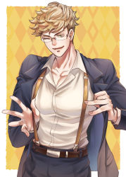 Rule 34 | &gt; o, 1boy, bara, belt, black jacket, black pants, blonde hair, collared shirt, glasses, granblue fantasy, green eyes, jacket, large pectorals, male focus, muscular, muscular male, official alternate costume, one eye closed, open clothes, open jacket, pants, parted lips, pectorals, shirt, short hair, smile, solo, suspenders, undercut, v-sil, vane (granblue fantasy), white shirt