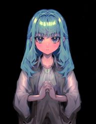 Rule 34 | 1girl, black background, blue eyes, blush, brown jacket, collarbone, commentary, copyright request, green hair, hair intakes, highres, jacket, long hair, long sleeves, looking at viewer, maido mido, own hands together, parted lips, shirt, simple background, solo, symbol-only commentary, teeth, upper body, white shirt, wide sleeves
