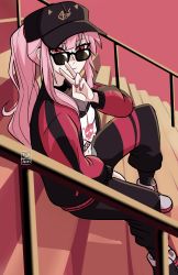 Rule 34 | 1girl, absurdres, artist name, baseball cap, black jacket, female focus, hat, highres, hololive, hololive english, jacket, jewelry, long hair, looking at viewer, looking over eyewear, looking over glasses, mateus alves, mori calliope, nail polish, necklace, peace symbol, pink eyes, pink hair, ponytail, red jacket, shoes, signature, sitting, sitting on stairs, smile, sneakers, stairs, sunglasses, tagme, tinted eyewear, virtual youtuber