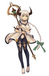 Rule 34 | 1girl, beige dress, black footwear, black thighhighs, boots, bow, braid, green bow, green eyes, hair bow, holding, holding staff, horns, light brown hair, long hair, looking at viewer, original, short sleeves, simple background, single braid, solo, sookmo, staff, thigh boots, thighhighs, white background, wrist cuffs