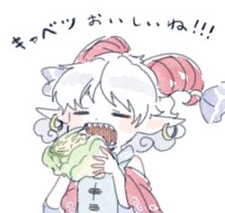 Rule 34 | 1girl, bare shoulders, blue ribbon, blush stickers, cabbage, closed eyes, curled horns, curly hair, detached sleeves, dot nose, earrings, eating, facing viewer, food, holding, holding food, holding vegetable, hoop earrings, horn ornament, horn ribbon, horns, itomugi-kun, jewelry, open mouth, pale color, pointy ears, red horns, red sleeves, ribbon, sharp teeth, sheep horns, short hair, simple background, solo, teeth, touhou, toutetsu yuuma, translation request, u u, upper body, vegetable, white background, white hair, wide sleeves
