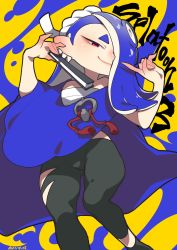 Rule 34 | 1girl, artist name, black pants, blue background, blue hair, closed mouth, commentary request, copyright name, hair over one eye, hand fan, highres, holding, holding fan, long hair, looking at viewer, nintendo, octoling, pants, red eyes, sarashi, shiver (splatoon), smile, solo, splatoon (series), splatoon 3, takatsuki ichi, tentacle hair, two-tone background, yellow background