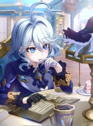 Rule 34 | 1girl, ahoge, ascot, asymmetrical gloves, black gloves, blue ascot, blue eyes, blue jacket, book, brooch, cake, commentary, cup, dasoin, food, furina (genshin impact), genshin impact, gloves, hair intakes, highres, jacket, jewelry, mismatched gloves, mouth hold, short hair, strawberry shortcake, upper body, white gloves, white hair