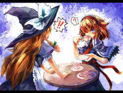 Rule 34 | !, 2girls, ?, alice margatroid, blonde hair, blue eyes, drinking, female focus, hairband, hat, kirisame marisa, letterboxed, long hair, multiple girls, one eye closed, pinky out, ribbon, short hair, tea, touhou, ukyo rst, wink, witch, witch hat