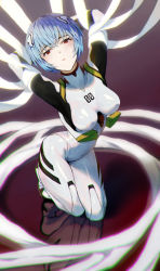 Rule 34 | 1girl, absurdres, arms behind head, arms up, artist request, ayanami rei, blood, blue hair, bodysuit, bound, bound arms, breasts, highres, interface headset, kneeling, looking at viewer, medium breasts, neon genesis evangelion, plugsuit, pool of blood, red eyes, reflection, ribbon, skin tight, solo, white bodysuit, white ribbon
