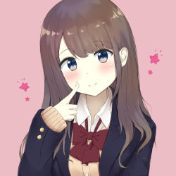Rule 34 | 1girl, 7 calpis 7, black jacket, blue eyes, blush, bow, brown cardigan, brown hair, cardigan, closed mouth, collared shirt, commentary request, dress shirt, finger to cheek, head tilt, jacket, long hair, long sleeves, looking at viewer, open clothes, open jacket, original, pink background, red bow, romaji commentary, school uniform, shirt, simple background, sleeves past wrists, smile, solo, star (symbol), upper body, white shirt