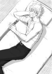 Rule 34 | 1boy, bandaged arm, bandaged head, bandages, belt buckle, bokken, buckle, closed mouth, clothes pull, collarbone, from above, futon, gintama, greyscale, highres, indoors, looking away, lying, male focus, monochrome, on bed, on side, pants, pants pull, pillow, profile, sakata gintoki, solo, sword, tatami, topless male, uraki (tetsu420), weapon, wooden sword