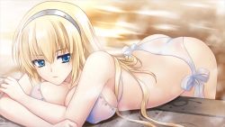 Rule 34 | 1girl, ass, bent over, bikini, blonde hair, blue eyes, breast press, breasts, cleavage, closed mouth, collarbone, covered erect nipples, crossed arms, game cg, grey hairband, hair between eyes, hairband, irisdina bernhard, large breasts, long hair, muv-luv, muv-luv alternative, muv-luv alternative strike frontier, official art, ribbon, side-tie bikini bottom, sideboob, solo, swimsuit, very long hair, white bikini, white ribbon